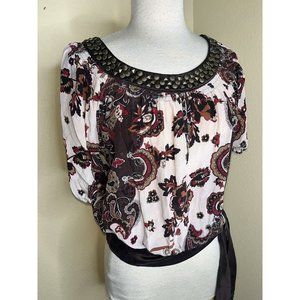 BEBE Silk Paisley Top Studded Neckline Blouse Brown Red Size XS Drop Waist Bow